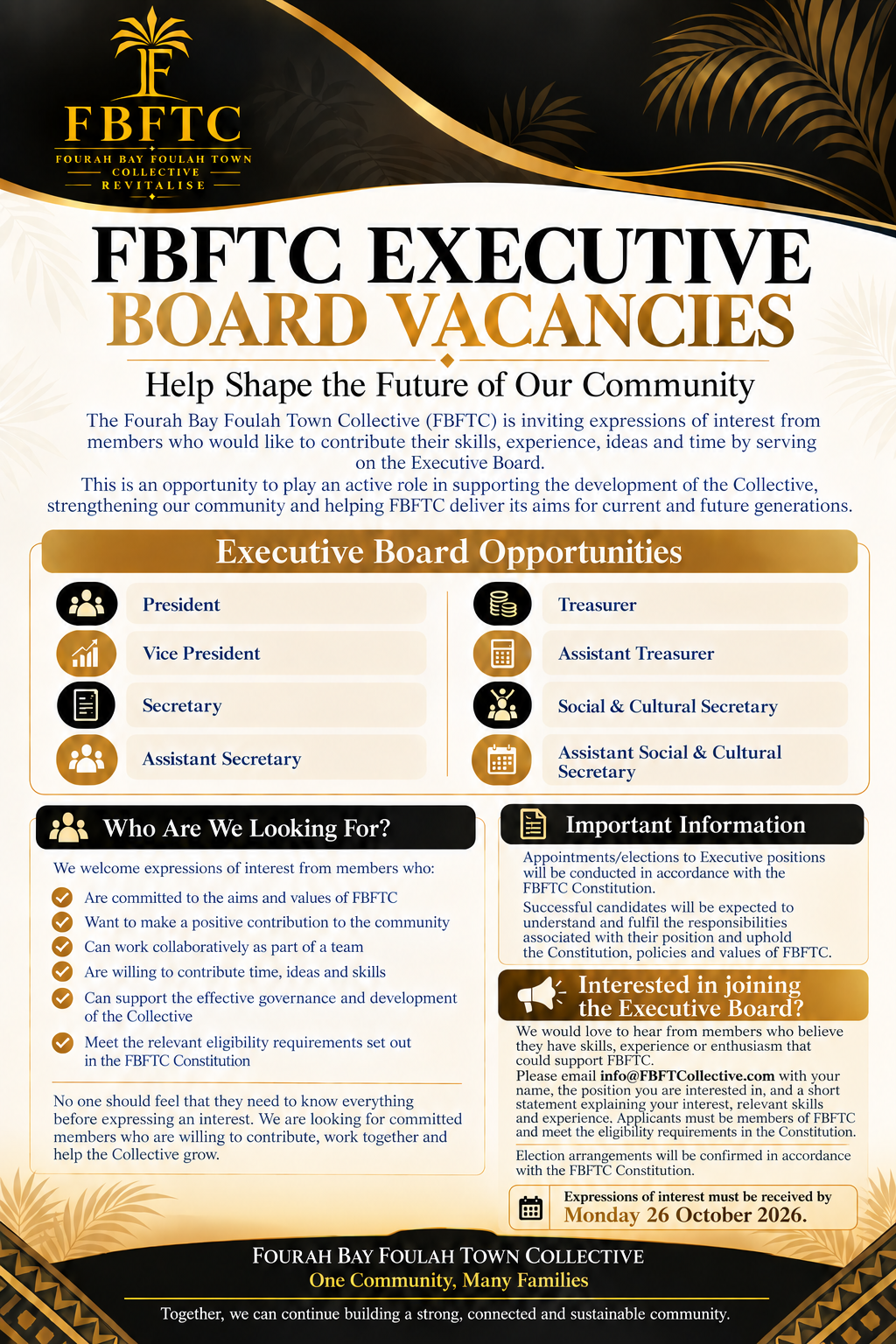 FBFTC Executive Board Vacancies flyer — Help Shape the Future of Our Community. Eight positions listed, expressions of interest close Monday 26 October 2026.